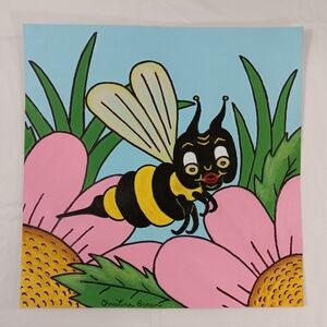 Hand Painted Vibrant Bee and Floral Art Painting 12 X 12 Mixed Media On Paper